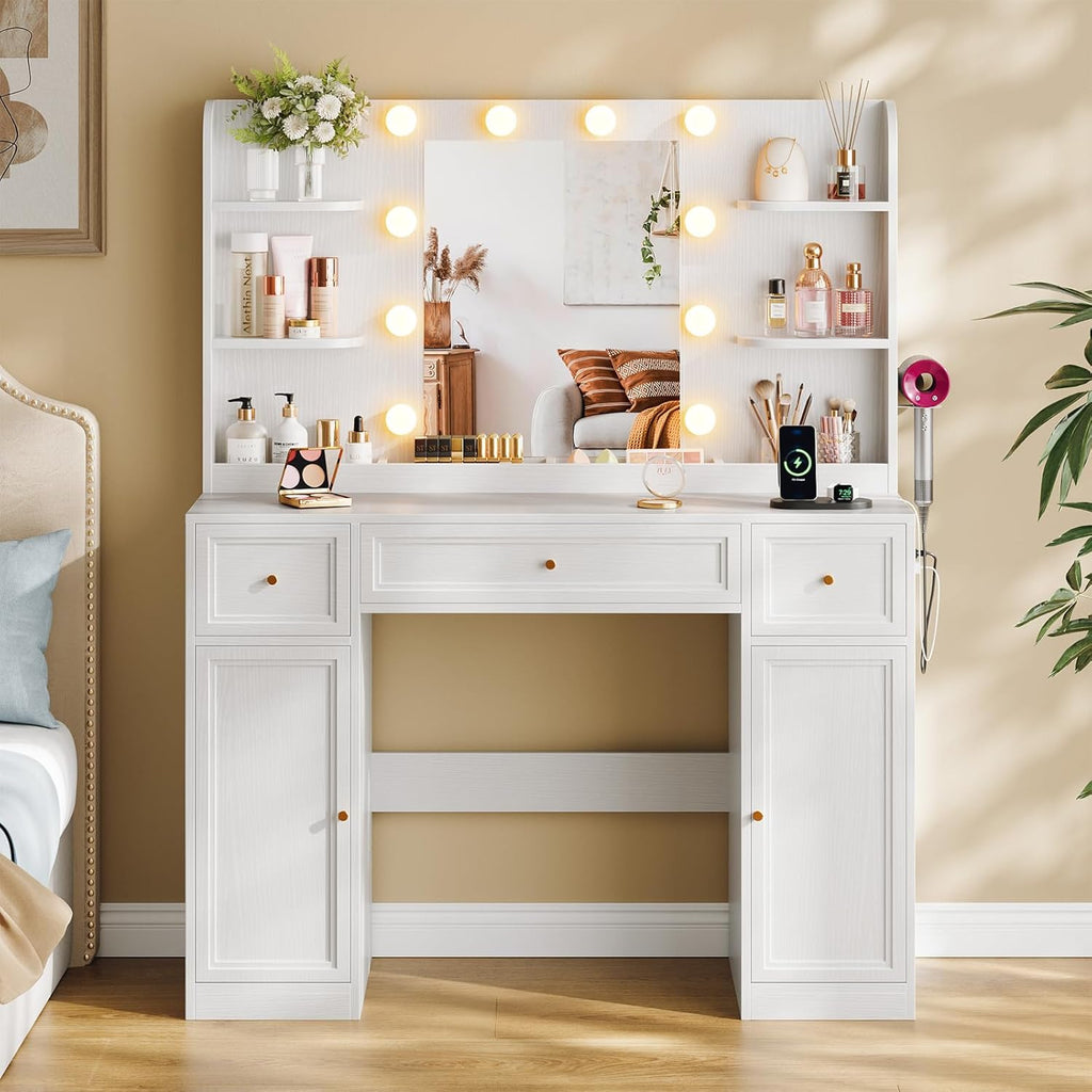 Large Vanity Desk with Mirror and Lights, Makeup Vanity with Power Outlets, 3 Drawers and 2 Large Cabinets, 3 Lighting Modes Adjustable Brightness, Dressing Table for Women Girls, White