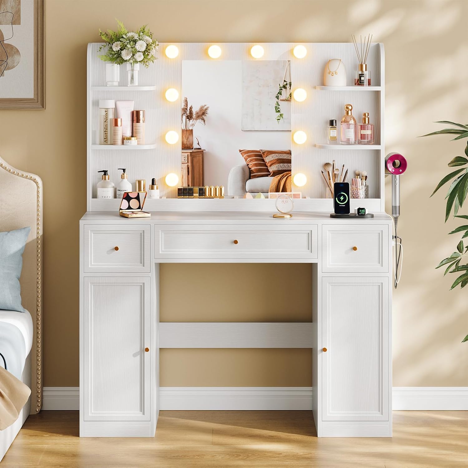 Large Vanity Desk with Mirror and Lights, Makeup Vanity with Power Outlets, 3 Drawers and 2 Large Cabinets, 3 Lighting Modes Adjustable Brightness, Dressing Table for Women Girls, White