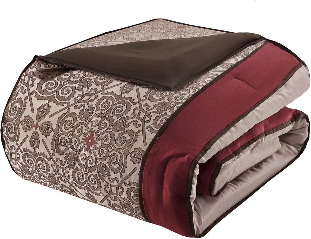 Madison Park Essentials Delaney 24-Piece Room In A Bag Comforter Set-Satin Jacquard, All Season Luxury Bedding, Sheets, decorative pillows and Curtains, Valance, King(104"x92"), Medallion Red