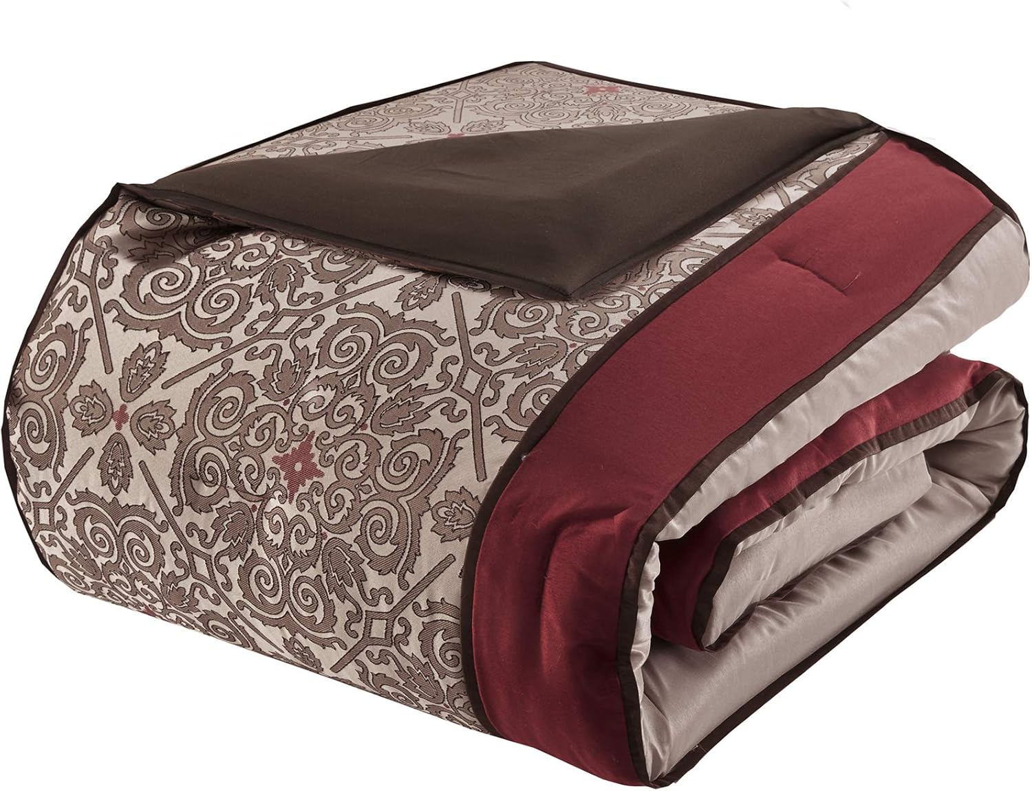Madison Park Essentials Delaney 24-Piece Room In A Bag Comforter Set-Satin Jacquard, All Season Luxury Bedding, Sheets, decorative pillows and Curtains, Valance, King(104"x92"), Medallion Red