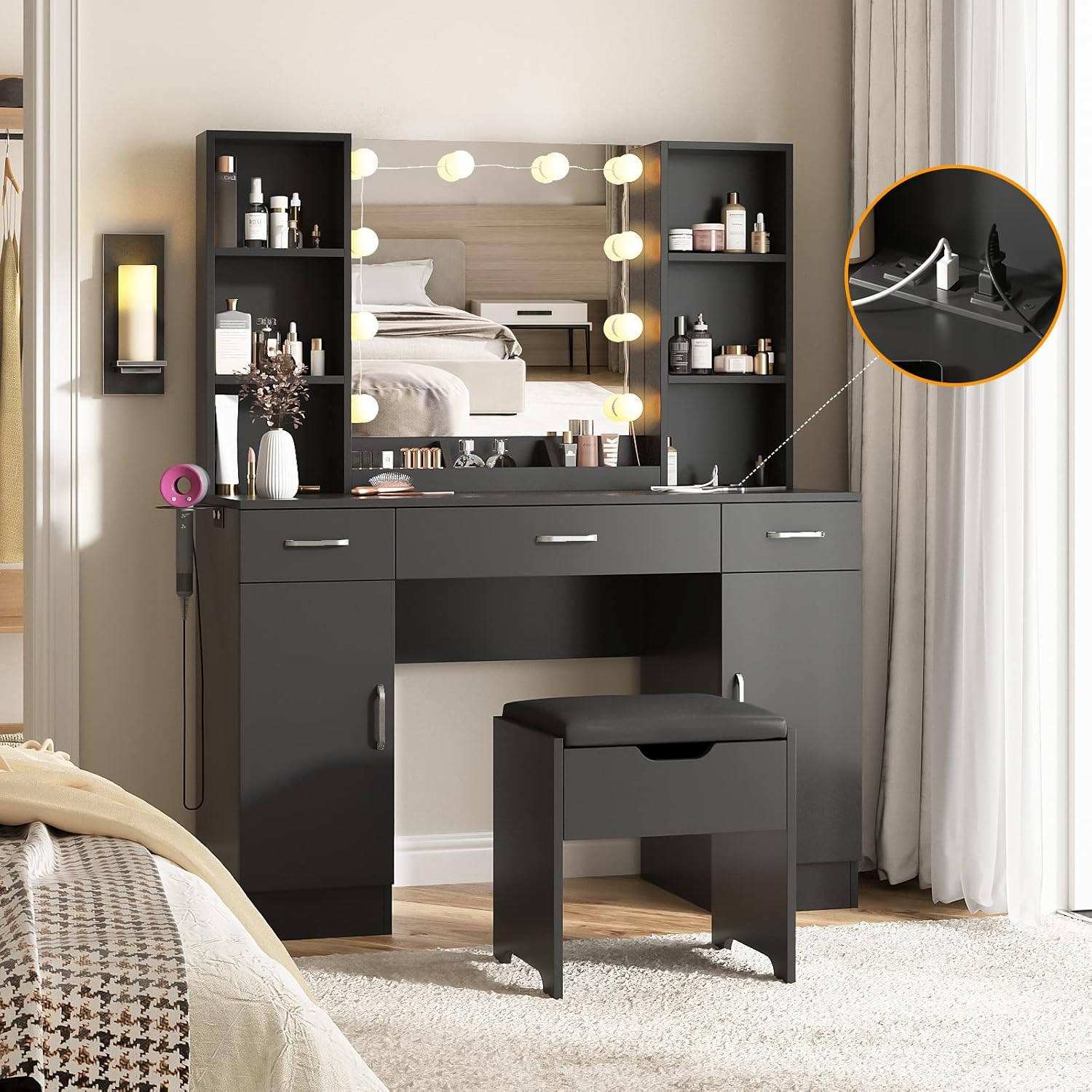 Vabches Makeup Vanity Table with Lighted Mirror & Power Strip, Large Vanity Set Vanity Desk with Storage Stool, 3 Lighting Modes, Brightness Adjustable, 45.2in(Large, Black)