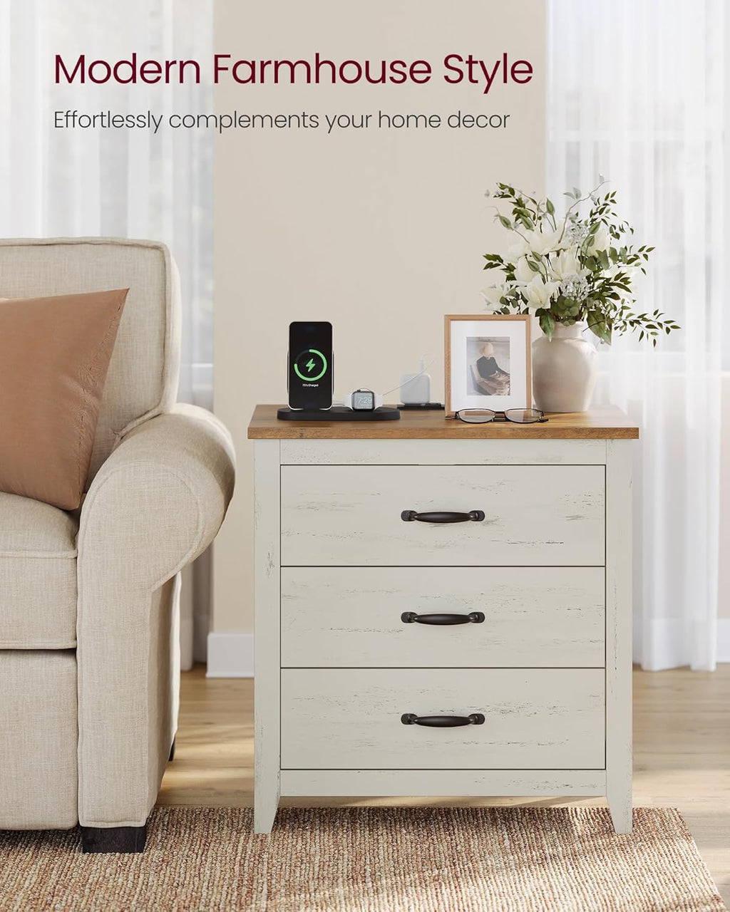 VASAGLE LIRY Collection - Farmhouse Nightstand with Charging Station, Set of 2, Bedside Tables, Side End Tables with 3 Drawers, for Bedroom, Rustic White and Honey Brown ULET979W01