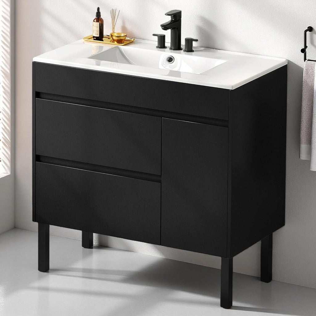 DWVO 36 Inch Bathroom Vanity with Sink, Bathroom Vanity Cabinet, Modern Bathroom Storge Vanity Includes Adjustable Legs, Soft Closing Door, 2 Drawers & Drain