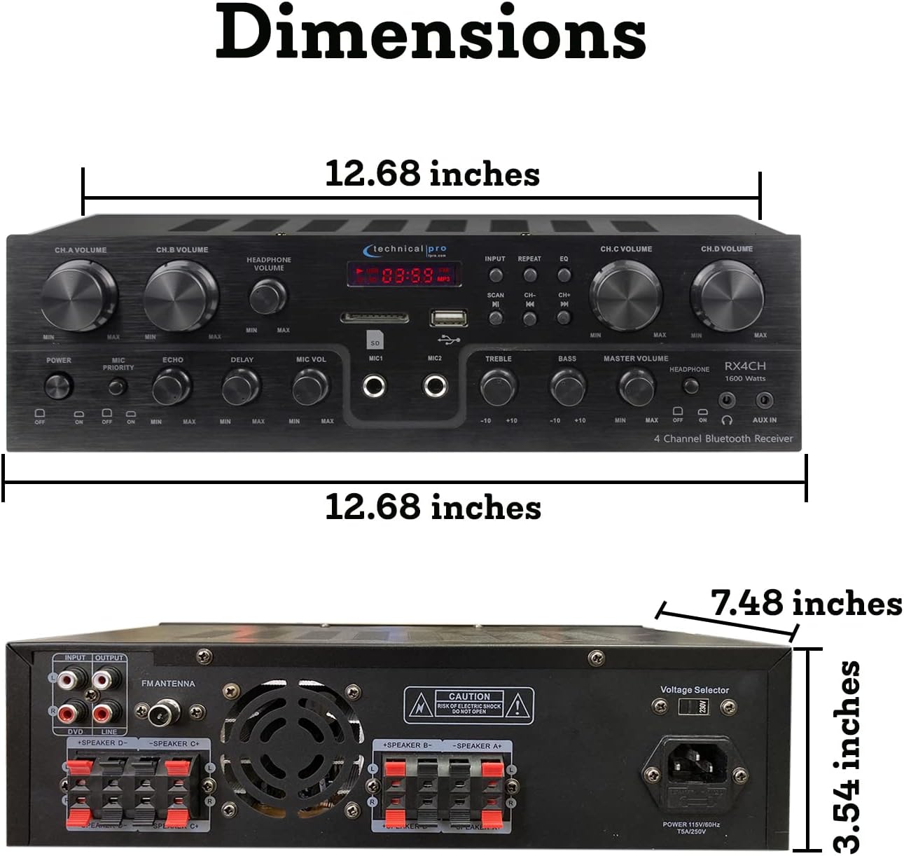 Technical Pro 4 Channel 1600 Watts 8 Speaker Bluetooth Home Theater Receiver System w/ 4 Pairs of 5.25” Ceiling Wall Mount 2-Way Mid Bass Woofer Ceiling Speakers - Home Theater Kit