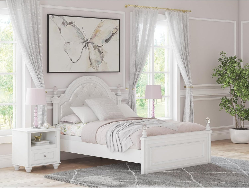 Signature Design by Ashley Maylilly Full Upholstered Panel Bedframe with LED Headboard Lights, Matte White Finish, Button‑Tufted Upholstery for Kids Bedroom