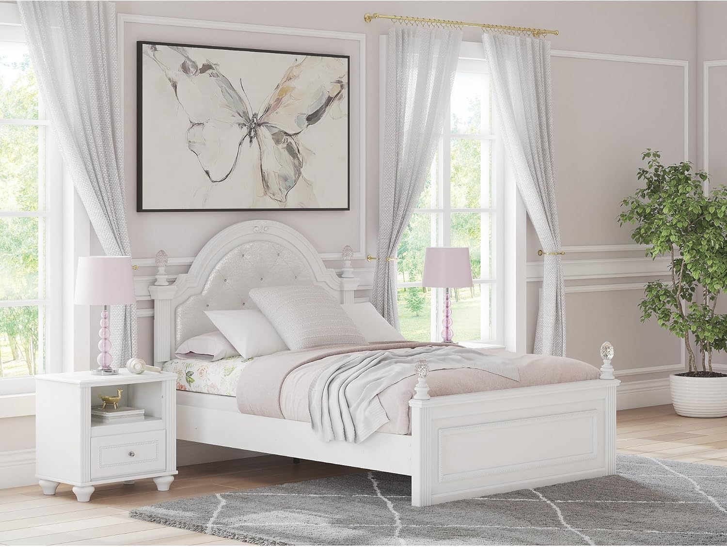 Signature Design by Ashley Maylilly Full Upholstered Panel Bedframe with LED Headboard Lights, Matte White Finish, Button‑Tufted Upholstery for Kids Bedroom