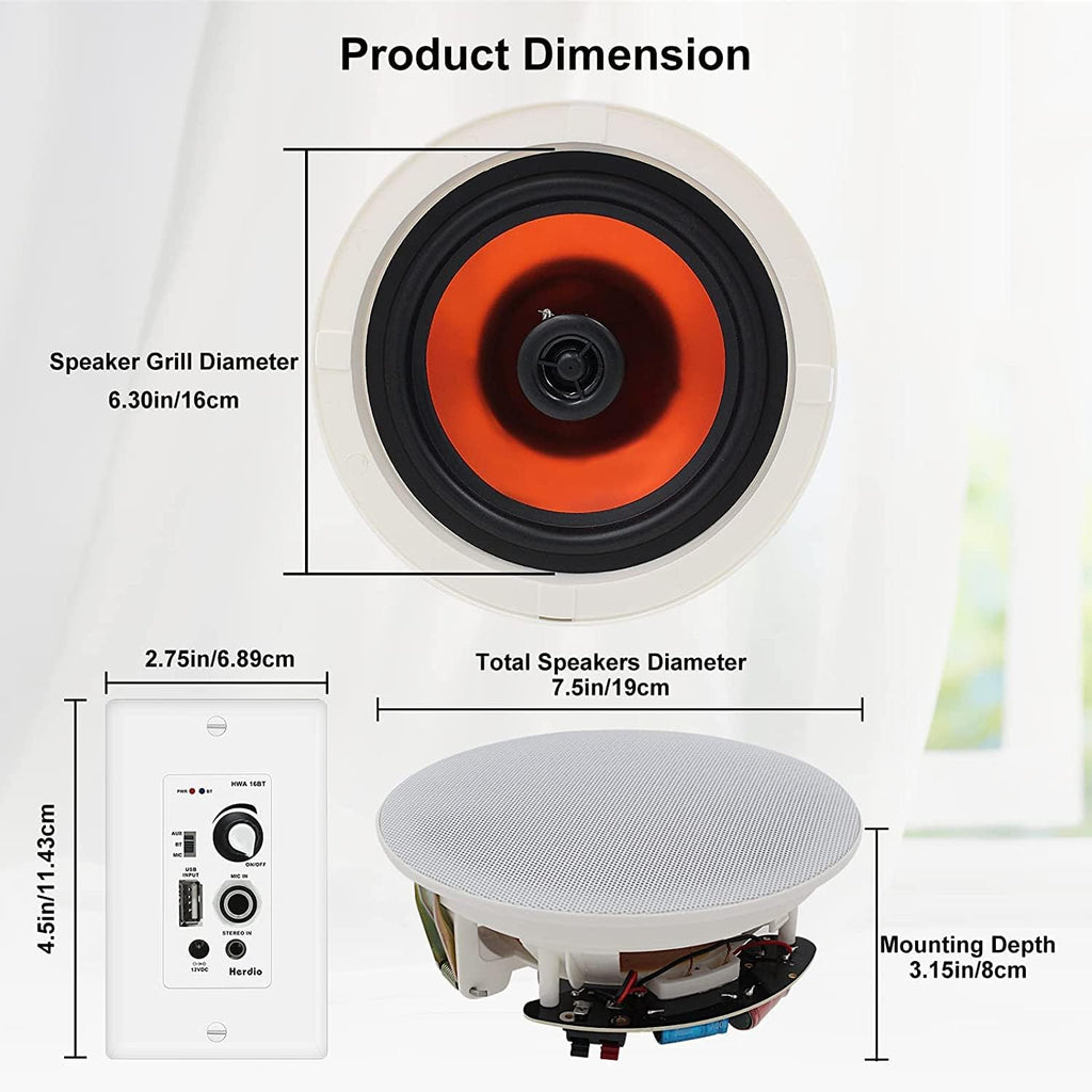 Herdio 6.5'' Bluetooth in Wall in Ceiling Speakers 600W 2-Way Flush Mount Speakers System with Wall Amplifier Receiver for Home Theater Office (2Pairs, Paintable-Grille)