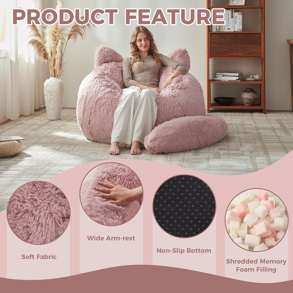 EBENCHICO Bean Bag Chair for Adults Teen,Giant Bean Bag Chairs Cat Design,Plush Faux Fur Beanbag Couch Comfy Accent Floor Sofa for Reading, Playing, Relaxing in Living Room, Bedroom
