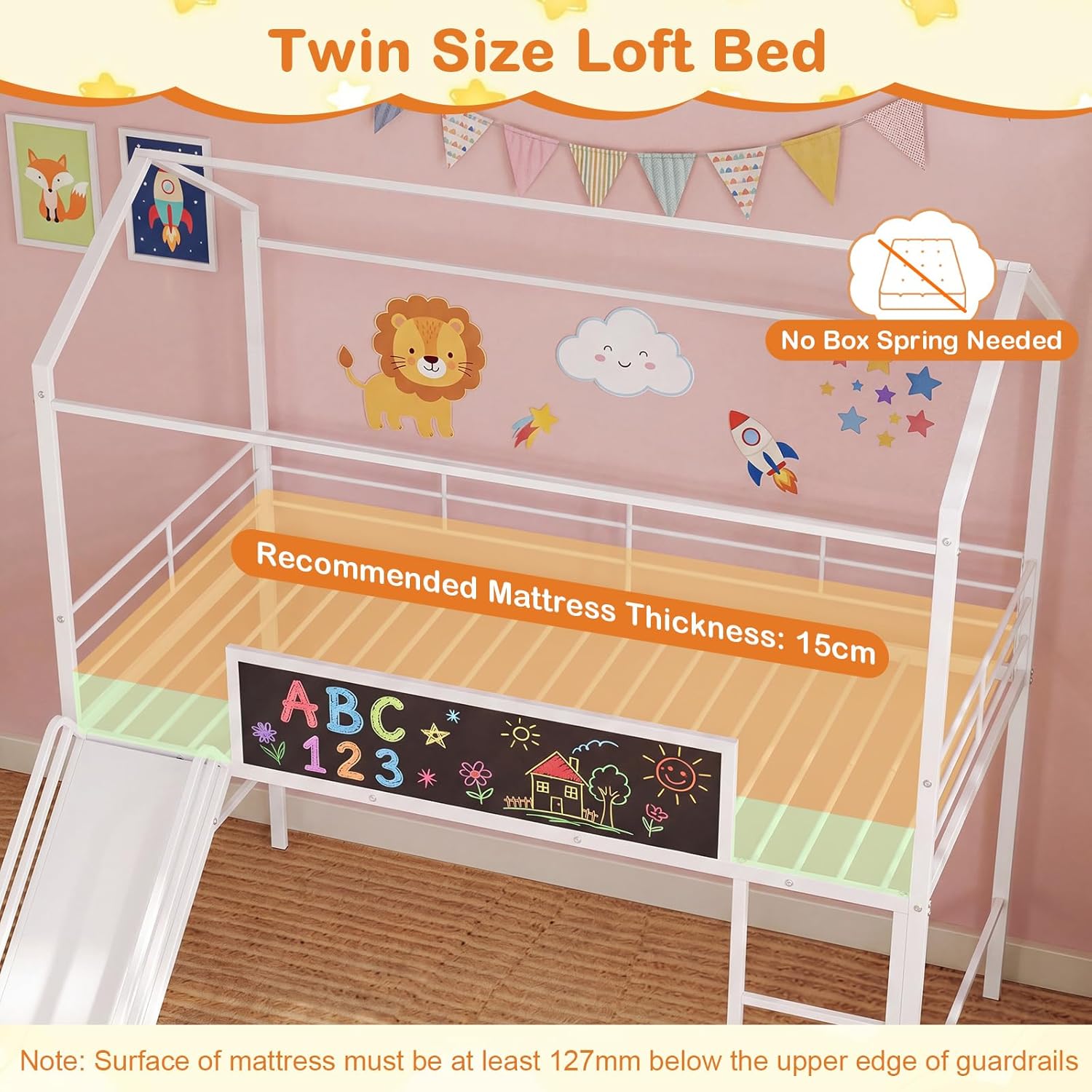 Giantex Twin Size House Loft Bed, Low Loft Bedframe w/Roof, Slide, Ladder, Chalkboard & Sturdy Metal Slats for Bedroom Dorm, Kids House Bed for Boys Girls, No Box Spring Needed (White)