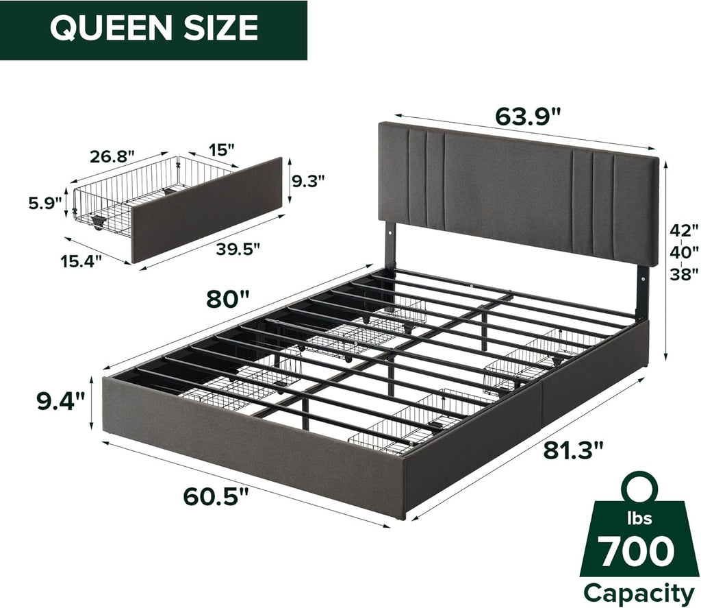 Zinus Billie Platform Bed Frame, Four Underbed Storage Drawers, Height Adjustable Headboard, Upholstered Style, Queen