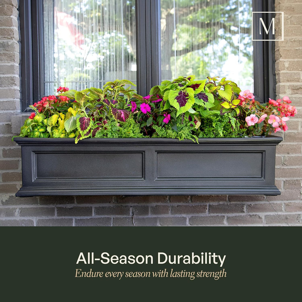 Mayne Fairfield 4ft Window Box, Self Watering Flower Box with Double Wall Design, All Season Fade Resistant Outdoor Window Planter With Steel Mounting Bracket, Black