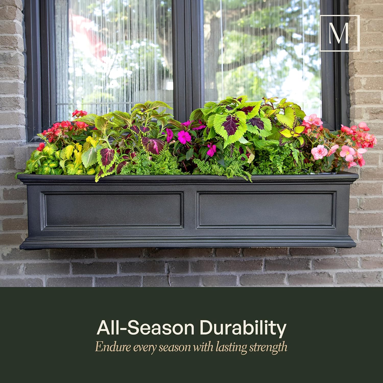 Mayne Fairfield 4ft Window Box, Self Watering Flower Box with Double Wall Design, All Season Fade Resistant Outdoor Window Planter With Steel Mounting Bracket, Black
