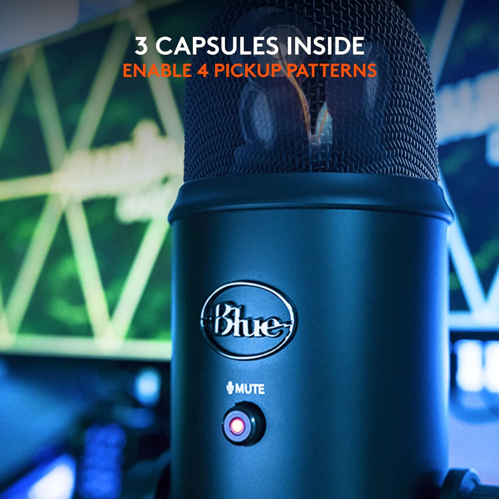 Logitech Creators Blue Yeti USB Microphone for PC, Mac, Gaming, Recording, Streaming, Podcasting, Studio and Computer Condenser Mic with Blue VO!CE effects, 4 Pickup Patterns, Plug and Play - Blackout