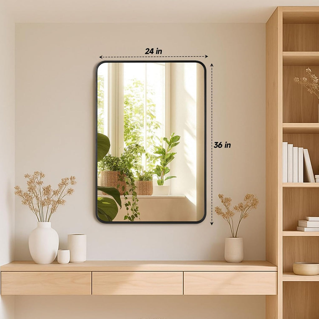 2 Pcs 24 x 36 Inch Black Metal Framed Bathroom Mirror for Wall, Rounded Rectangle Mirror Matte Black Bathroom Vanity Mirror,Anti-Rust, Hangs Horizontally or Vertically (2, Black, 24"×36")