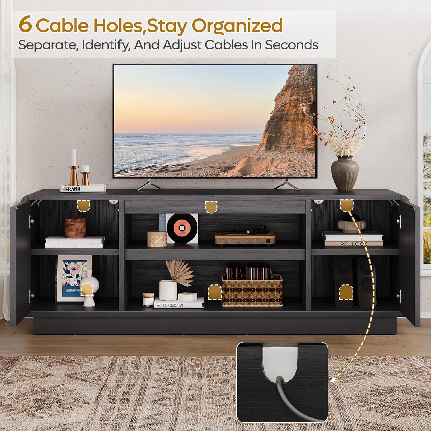 Bestier 63" Mid Century Modern TV Stand for Living Room, Wood Media Console Cabinet for TVs up to 70", Entertainment Center with 2 Arched Doors, Adjustable Shelves & 6 Cable Holes, Black