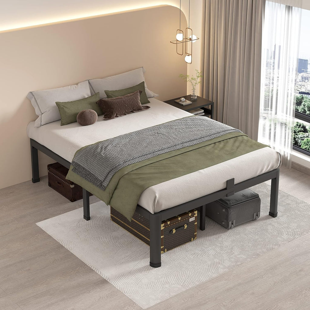 MAF 18 Inch Full Size Bed Frame with Round Corner Legs Mattress Slide Stopper No Box Spring Needed Heavy Duty Metal Platform Bed Frames Under-Bed Storage Space, 3000 LBS Steel Slats Support