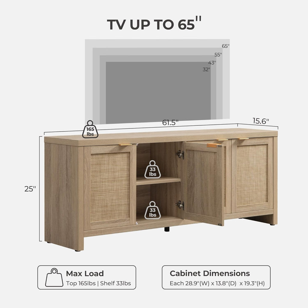 SICOTAS TV Stand for Living Room Boho Entertainment Center for Bedroom with 4 Rattan Cabinets Farmhouse Television Stands with Storage Large Media Console Table for TVs up to 65 Inch