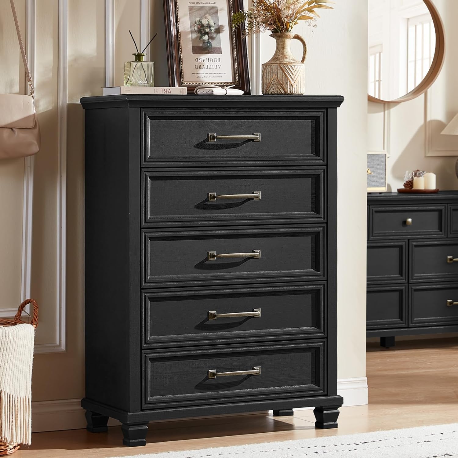 SAVOR LIFE Farmhouse Bedroom Dresser and Nightstand Set 4, 5/7 Drawer Dresser & 2 Drawer Nightstand Set, Rustic Wood Bedroom Furniture Set for Home, Hallway, Black