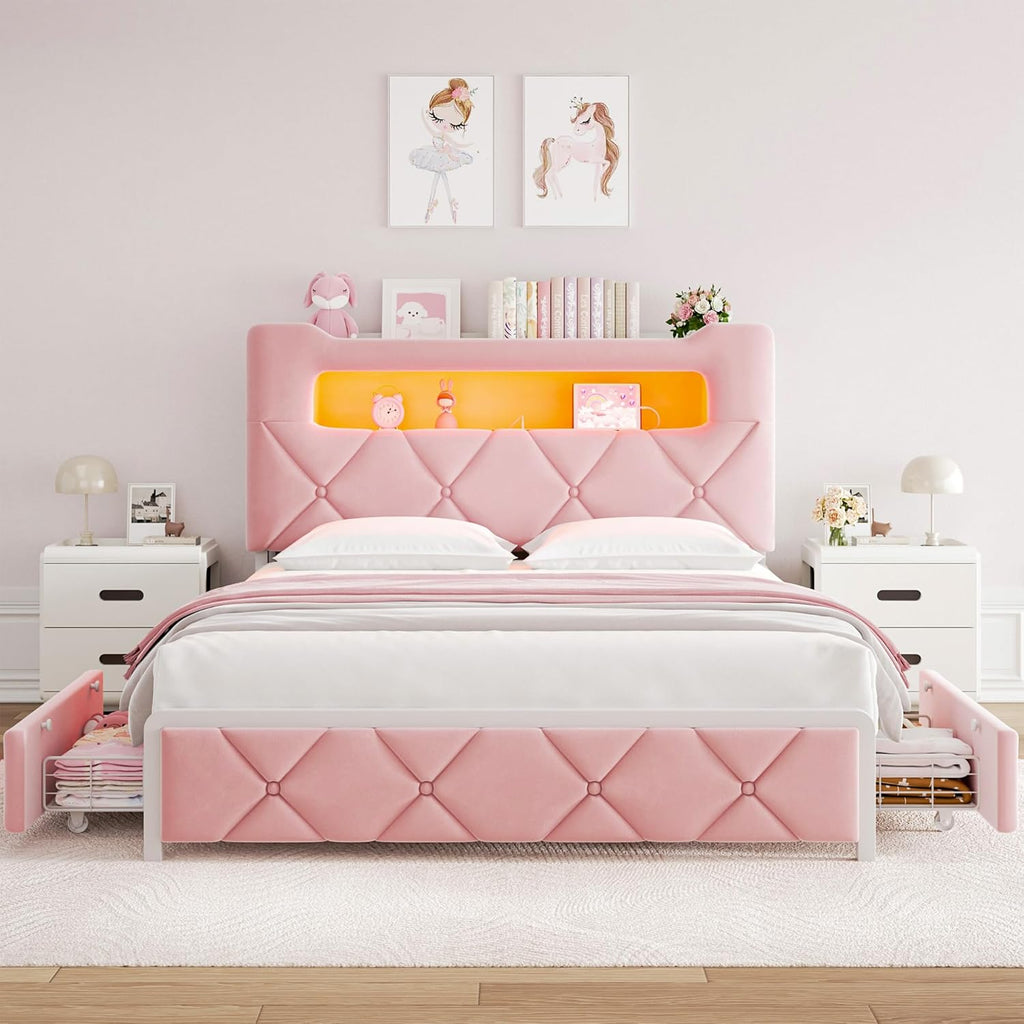 Full Upholstered LED Bed Frame with 2 Storage Drawers and 2-Tier Storage Headboard, Velvet Princess Platform Bed with Charging Station & Bookcase, Heavy Duty Metal Support, No Box Spring Needed, Pink