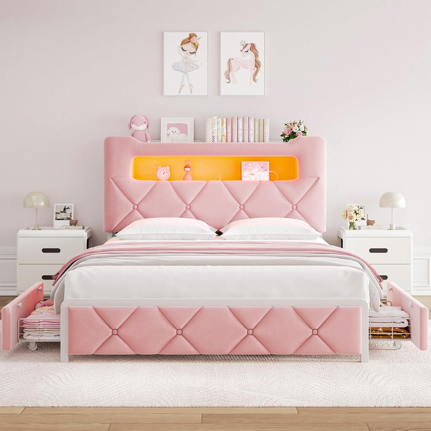 Full Upholstered LED Bed Frame with 2 Storage Drawers and 2-Tier Storage Headboard, Velvet Princess Platform Bed with Charging Station & Bookcase, Heavy Duty Metal Support, No Box Spring Needed, Pink