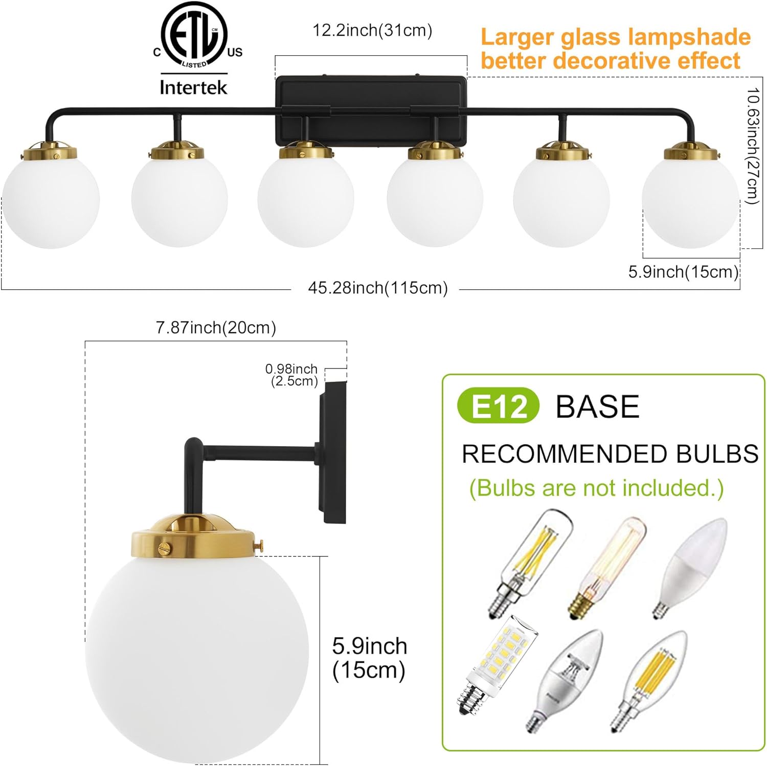 Black Gold Bathroom Light Fixtures Over Mirror, Modern Vanity Lighting with Milk White Glass Globe Shades 6-Light Farmhouse Wall Sconce