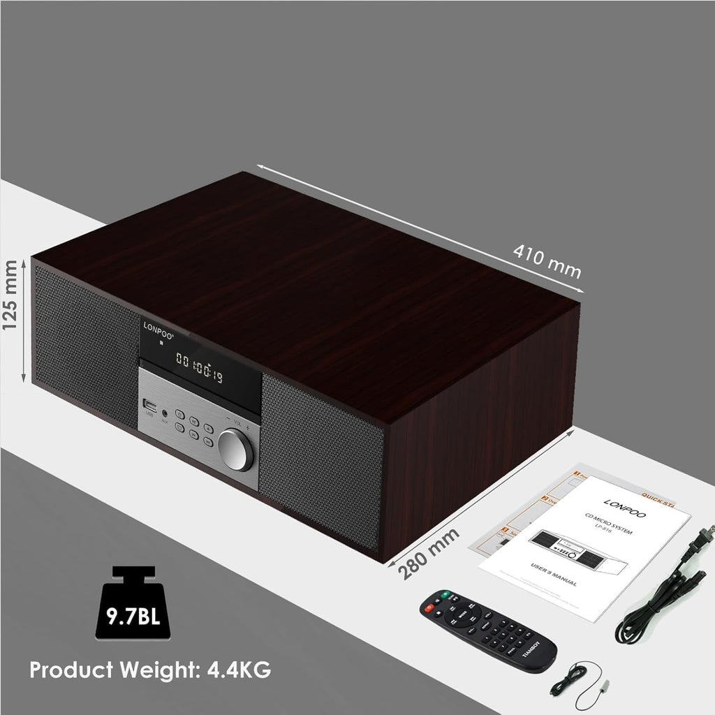 LONPOO Stereo Shelf System for Home, Vintage CD Player 40W RMS Micro Mini System with Remote Control, Bluetooth, FM Radio, USB MP3 Playback & Aux-in,Brown