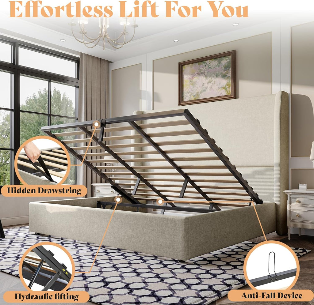 AMERLIFE Lift Up Storage Bed King Size Linen Upholstered Platform Bed Frame, Hydraulic Storage,Modern Wingback Headboard, No Box Spring Needed, Khaki