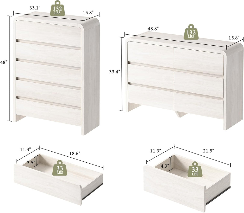 Modern 4-Piece Bedroom Furniture Set with 5-Drawer Dresser, 6-Drawer Dresser and 2 Nightstands, Large Storage Capacity, Rounded Corners, Flexible Combination Design, Anti-Tip Kit Included, White