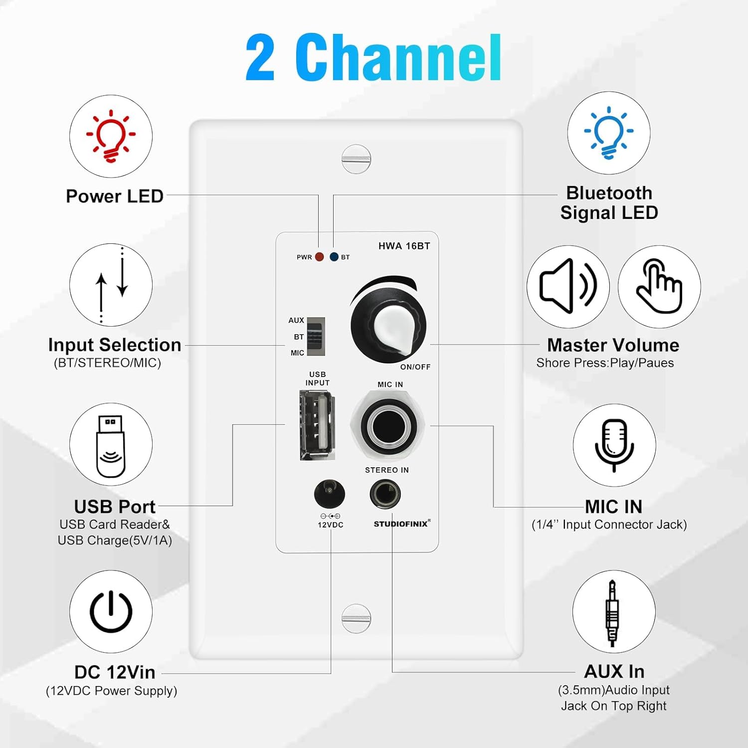 STUDIOFINIX 8 Inch Bluetooth Ceiling Speaker System, 400W Peak in-Ceiling Speakers with 2-Channel Wall Amplifier, Flush Mount Home Audio for Living Room, Office, Kitchen & Covered Patio（Pair）