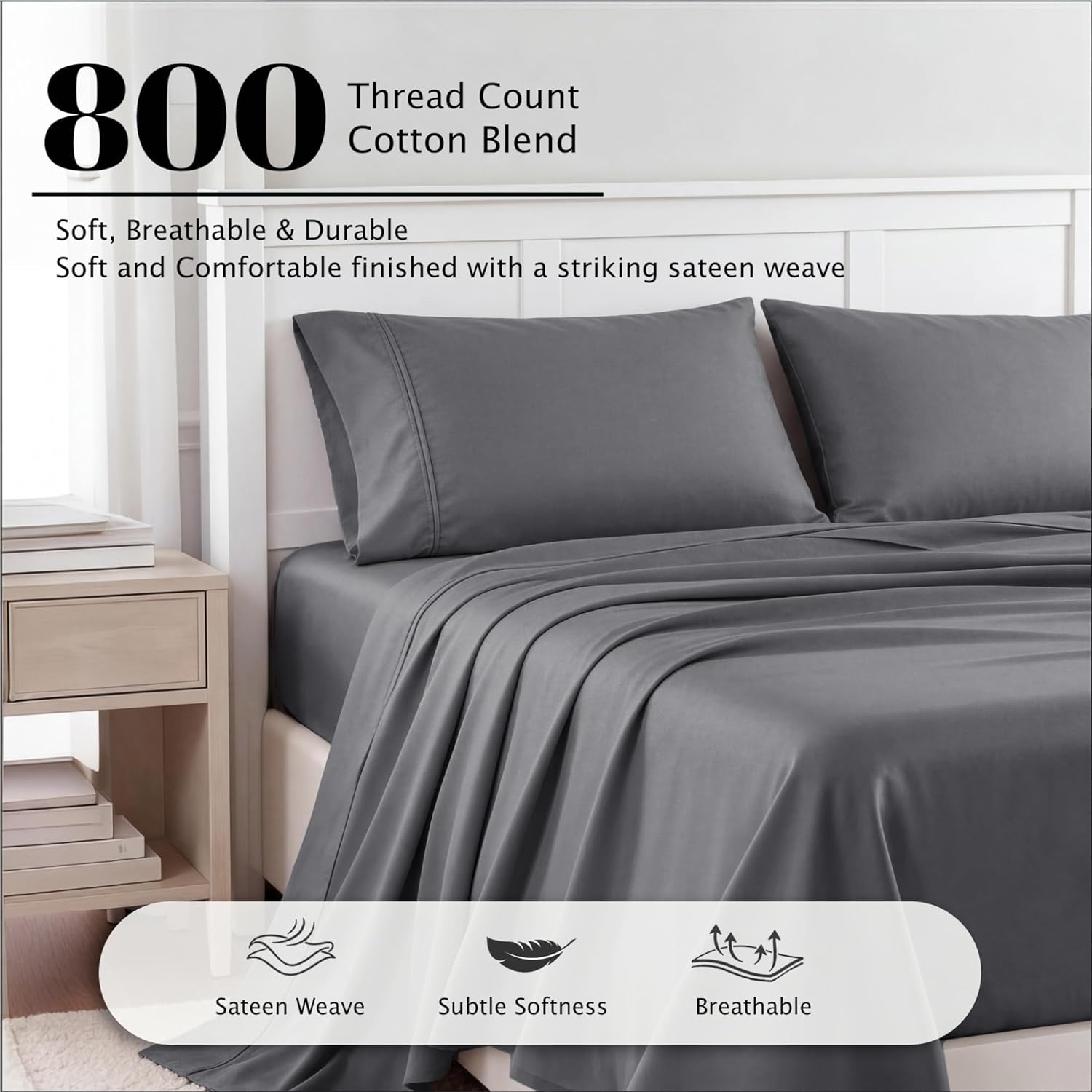 Superior Cotton Blend 800 Thread Count Sheet Set, Bedding Basics, Bedroom Essentials, Includes 1 Fully Elastic Deep Pocket Fitted Sheet, 1 Flat Sheet, 2 Pillowcases, Full, Grey