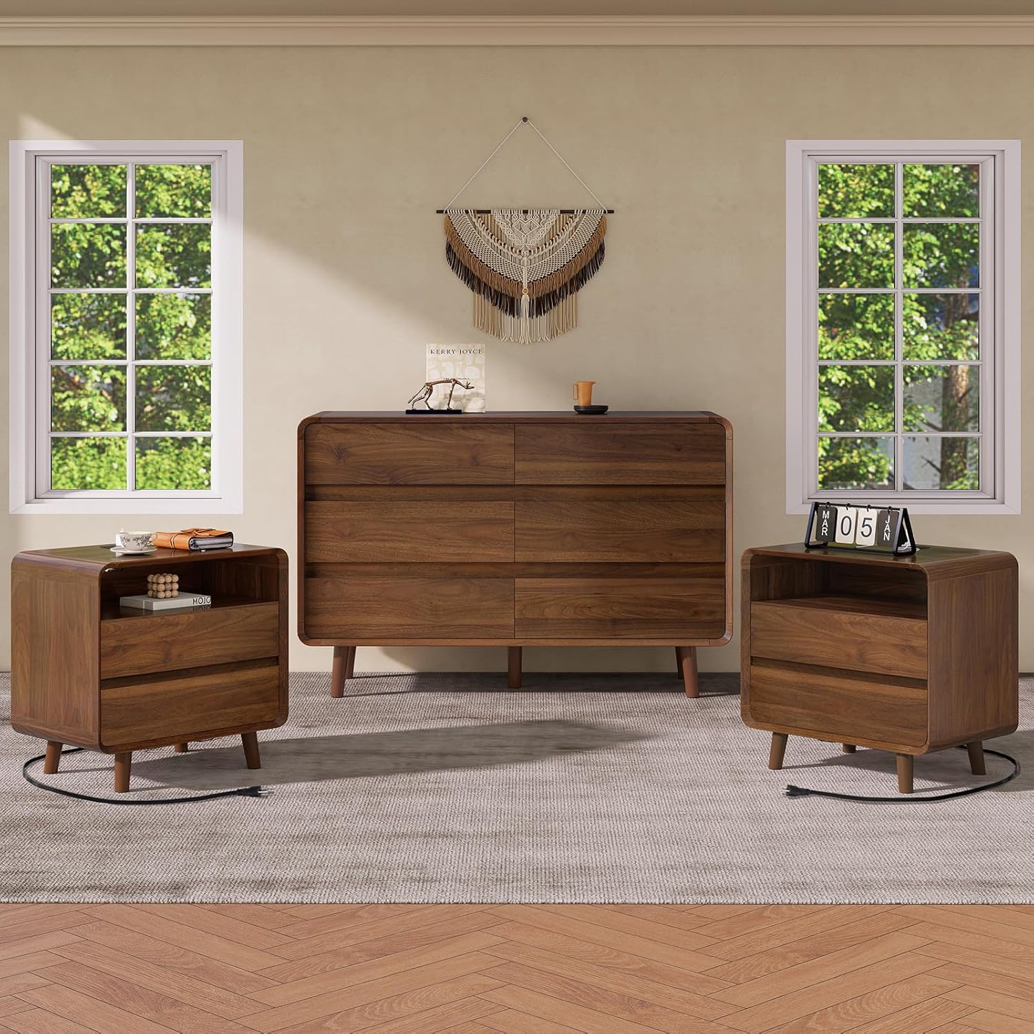 Nasonet Dresser and Nightstand Sets 3 Piece, 6 Drawer Dresser for Bedroom and Nightstands Set of 2, Wood Chest of Drawers Night Stand Mid Century Modern Bedroom Furniture Set, Walnut