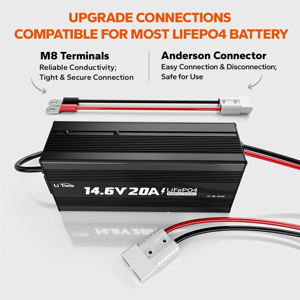 LiTime 12V 20A Lithium Battery Charger 14.6V LiFePO4 Battery Charger AC-DC Smart Charger with Anderson Connector LED Indicator for LiFePO4 Deep Cycle Batteries of RV, Homes, Off-grid and Solar Systems