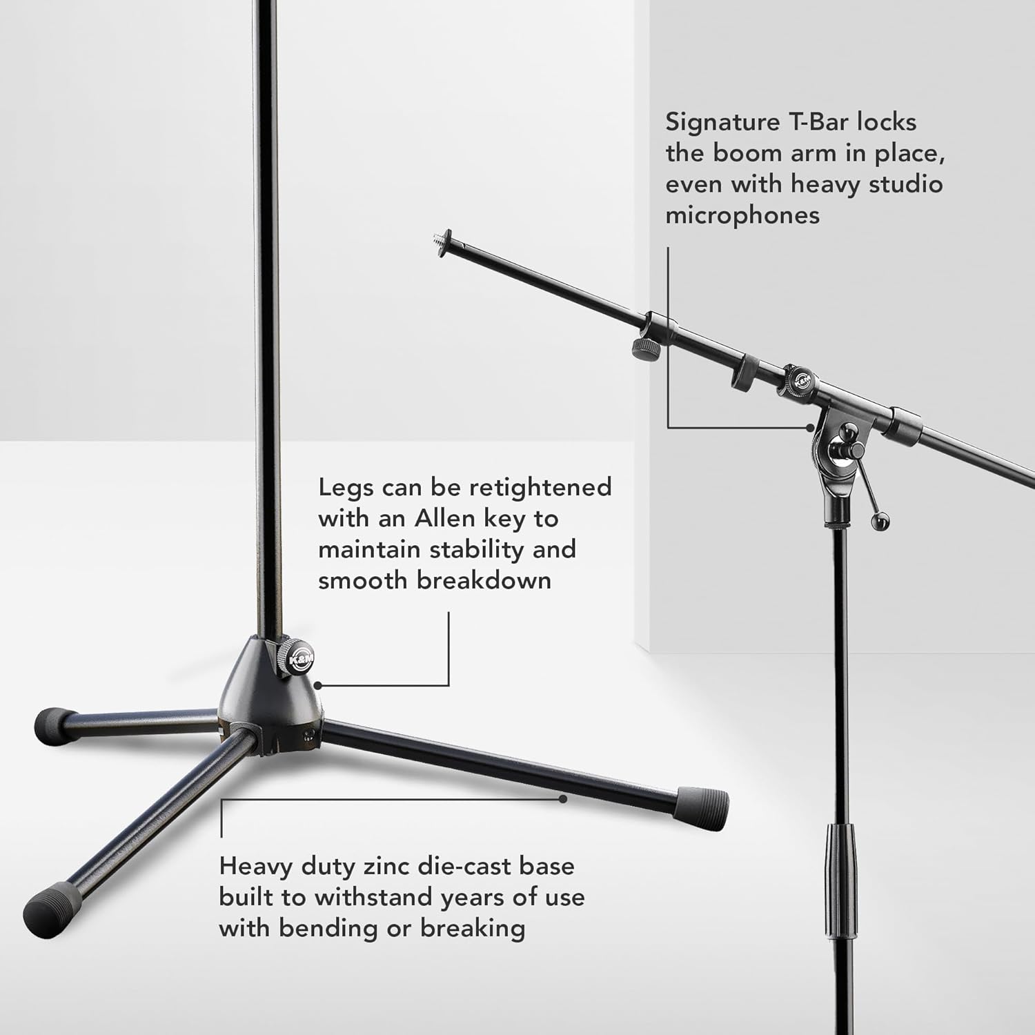 K&M König & Meyer 21090.500.55 Tripod Microphone Stand - Adjustable Telescoping 2-Piece Boom Arm - Professional Grade - Heavy Duty with Folding Leg Base - German Made Black