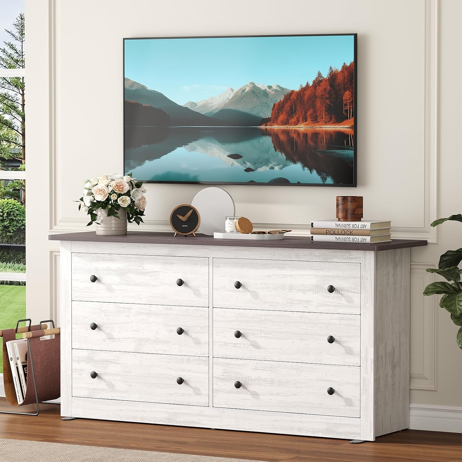 DUMOS Home Storage for Living Room, Wood Cabinet with 6 Drawers, 59" Wide TV Stand with Metal Handles, Storage Organizer for Bedroom, Entryway and Home Office, Wood