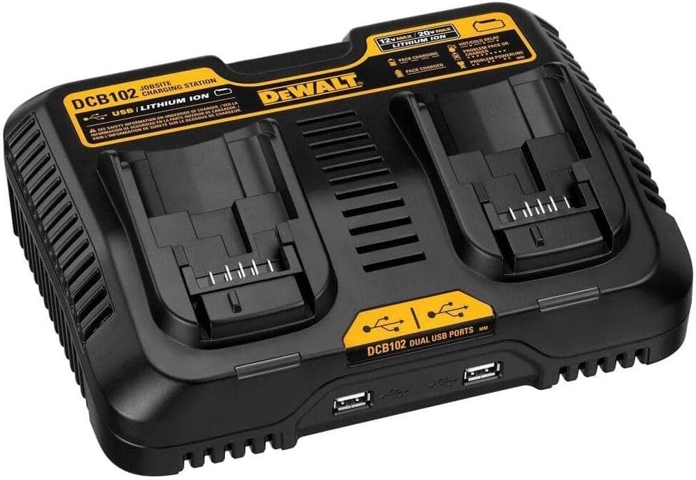 DEWALT 12/20V MAX Battery Charger, Corded, Dual Charging Station, 2-USB Ports Included (DCB102)
