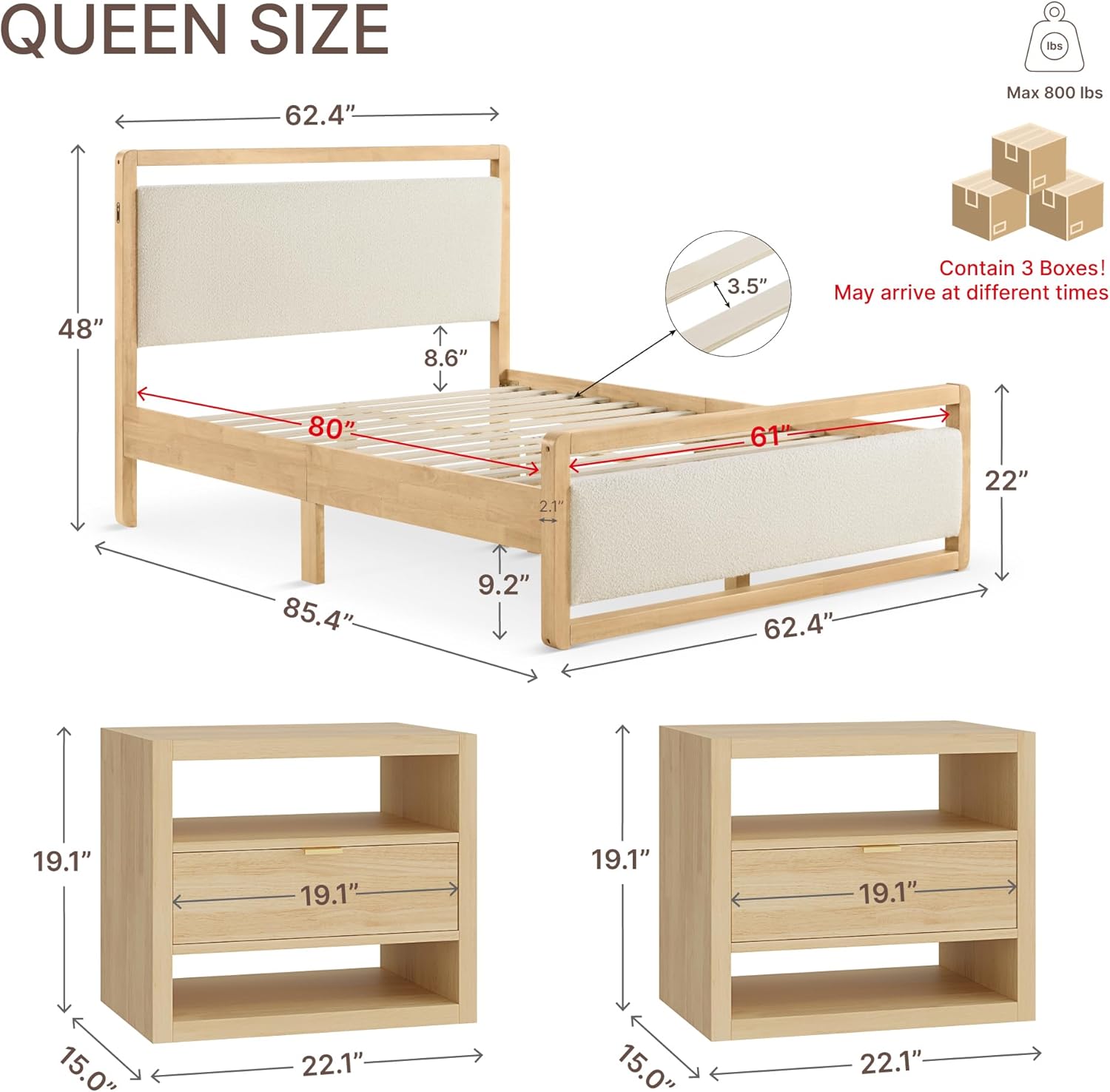 KISLOT 3 Pieces Bedroom Set, Wood Bed Frame with Upholstered Headboard & 2 Nightstands with Storage, Wooden Platform Mattress Foundation Farmhouse Bedroom Furniture Set
