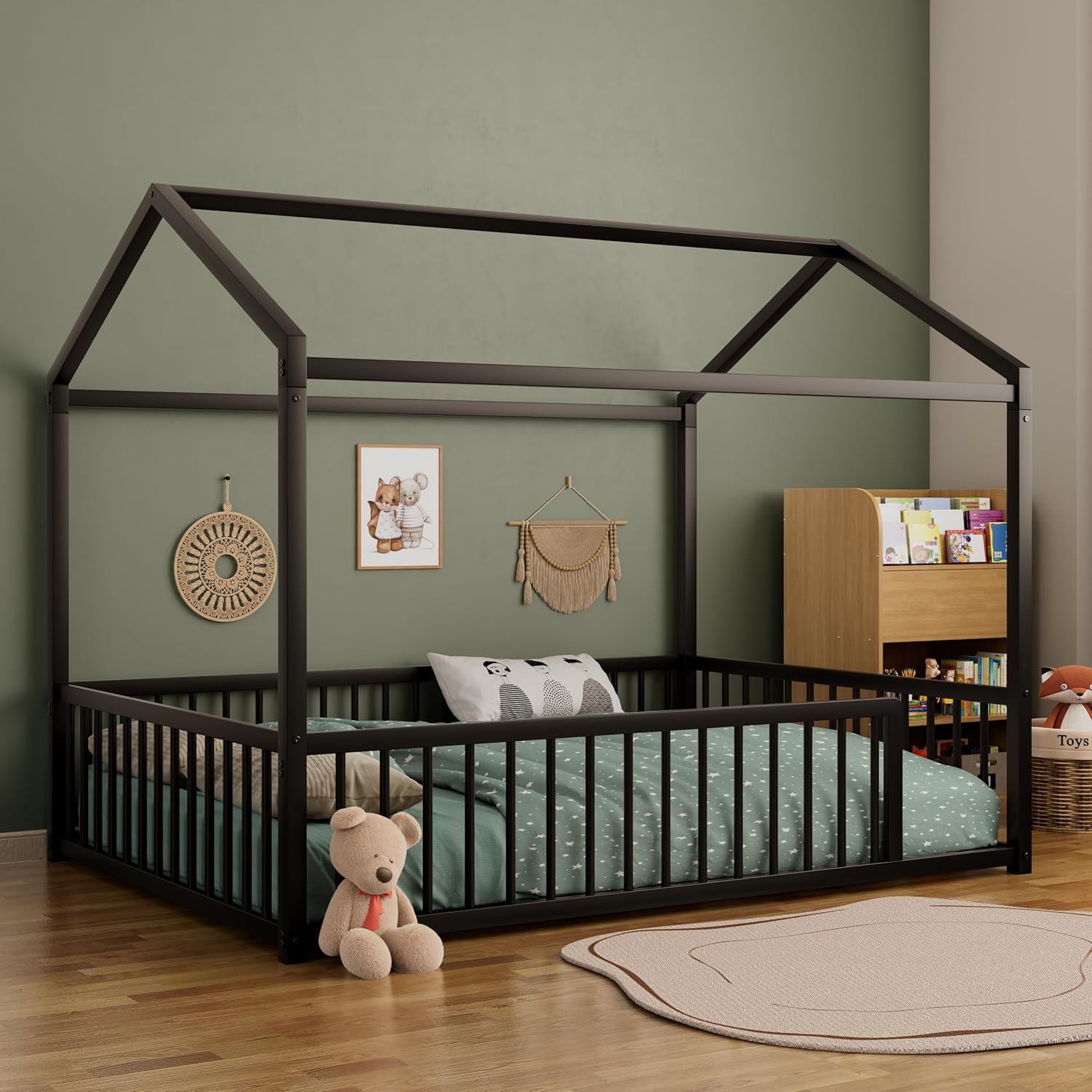 House Shape Full Size Montessori House Bed Metal Floor Bed Full Bedframe No Box Spring Needed, Black