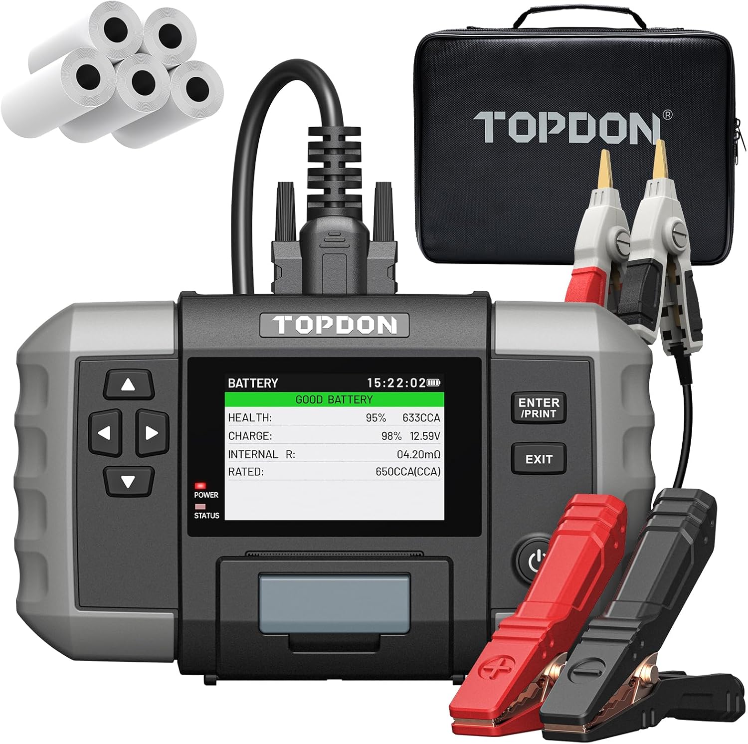 TOPDON BT600 Plus Car Battery Tester, Battery Alternator for 6V/12V/24V Battery Tests, 12V/24V Cranking/Charging/System Testing, 3.5" Screen with Built-in Printer