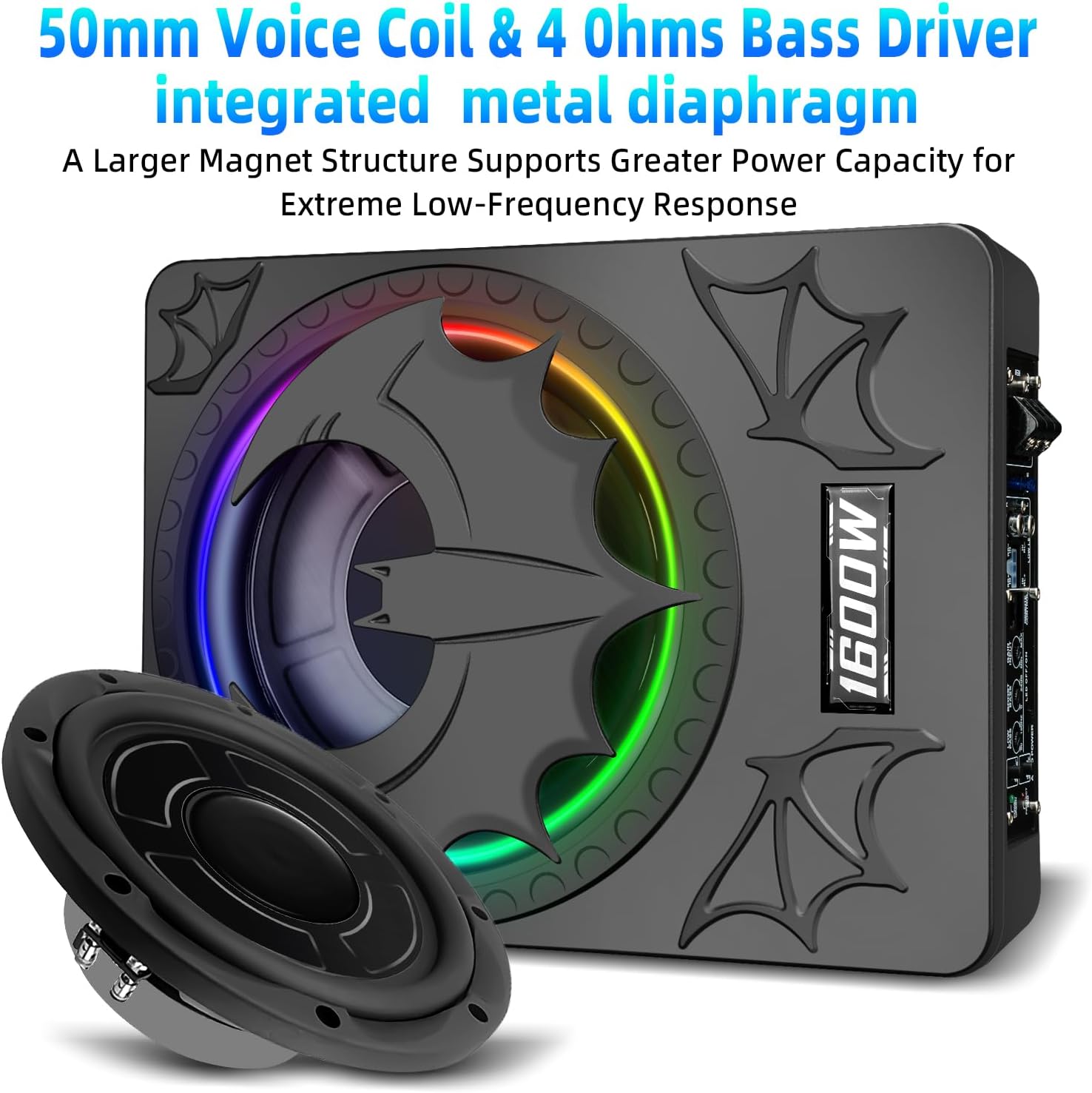 1600W Slim Underseat Subwoofer with Built-in Amp 10 Inch Sub | RGB Ambient Lighting, LPF/Gain/Bass Boost Controls, Individual Controls, Distortion-Free Deep Bass | Universal Fit for All Car
