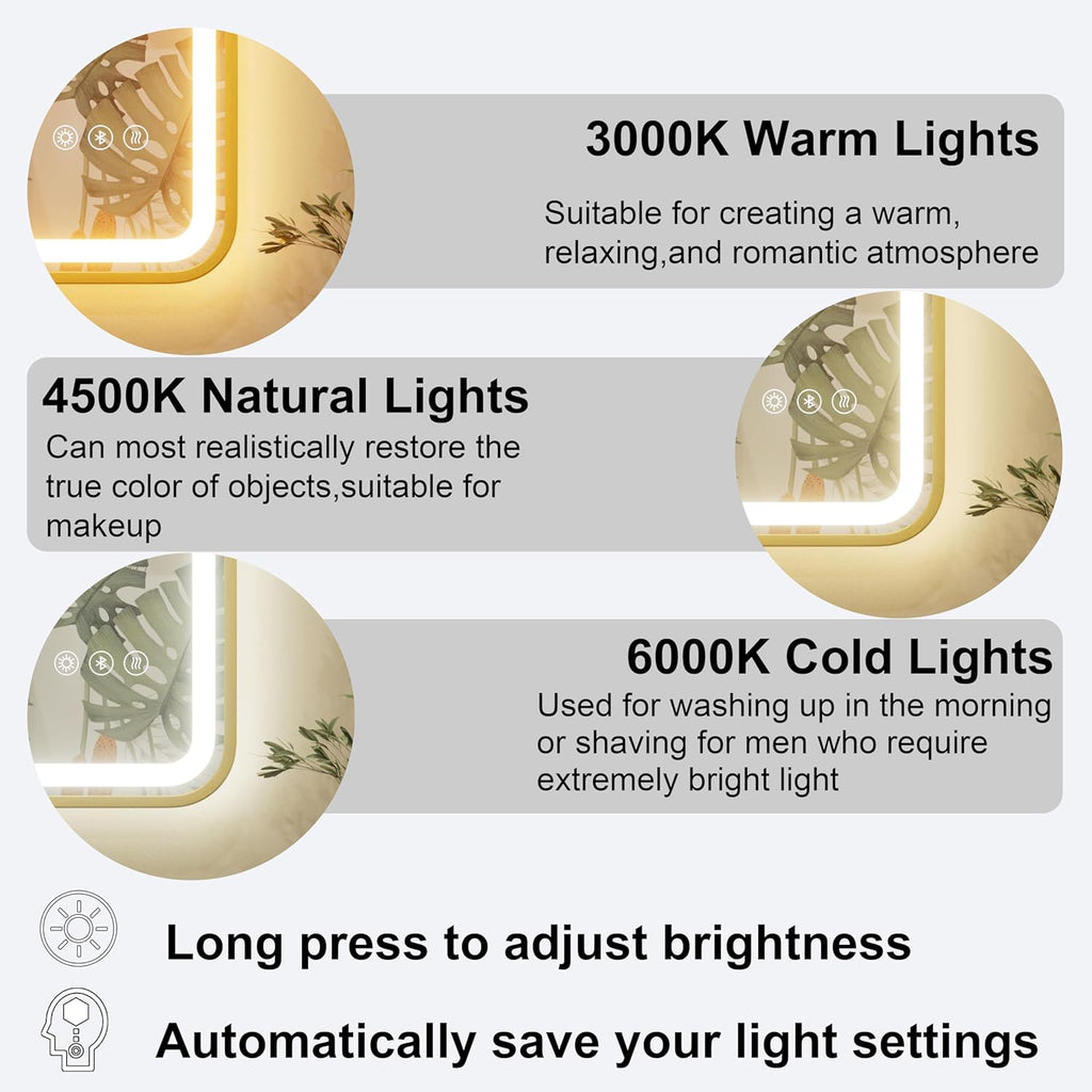 24x36 inch LED Bathroom Mirror with Bluetooth, Adjustable 3000K/4500K/6000K, Stepless Dimming, Anti-Fog, Gold Aluminum Frame Front & Backlit Lighted Wall Mounted Vanity Mirror