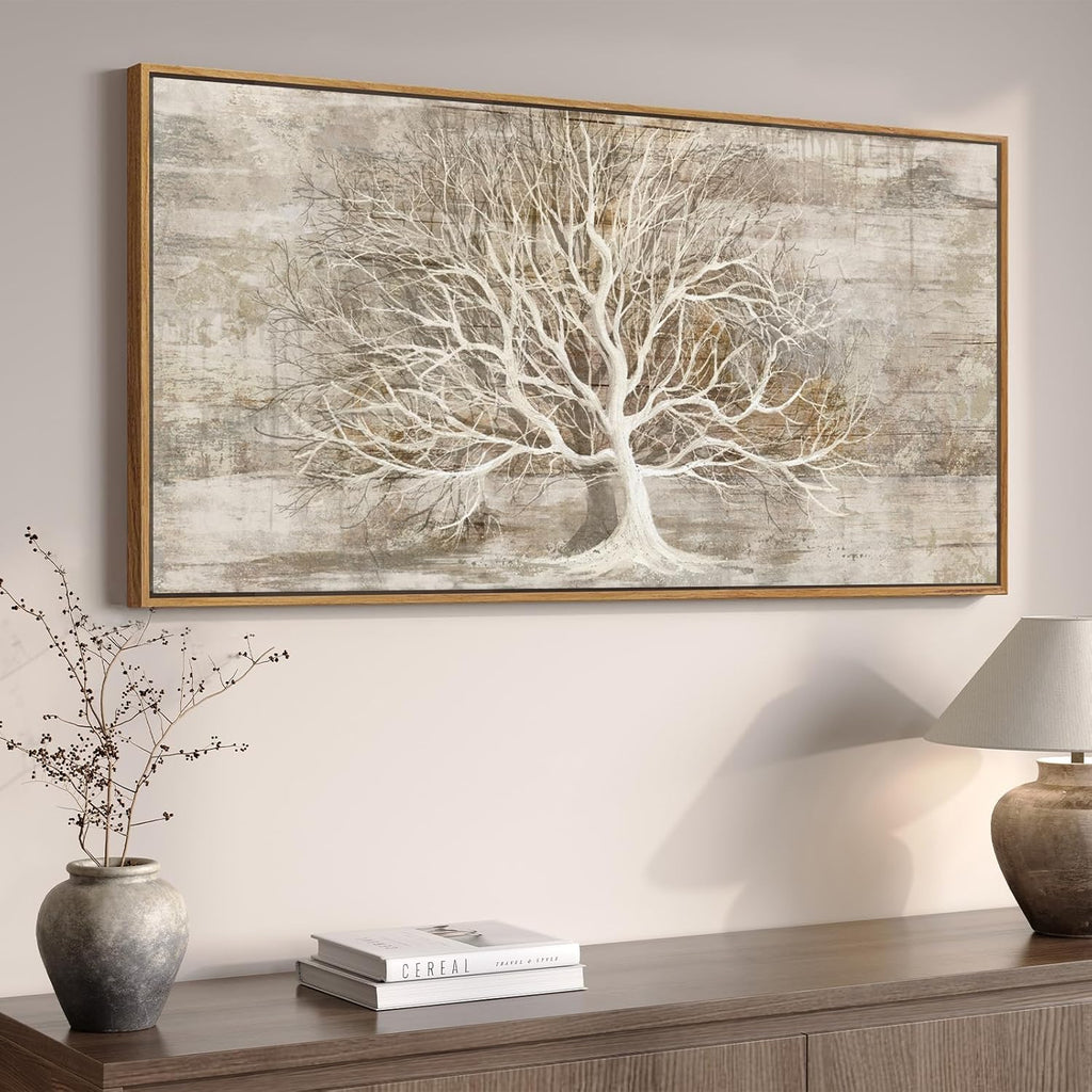 Large Framed Tree of Life Wall Art for Living Room, Rustic Farmhouse Abstract Tree Canvas Painting Print Artwork for Walls, Modern Neutral Forest Picture for Bedroom Office Wall Decor, 60x30 In