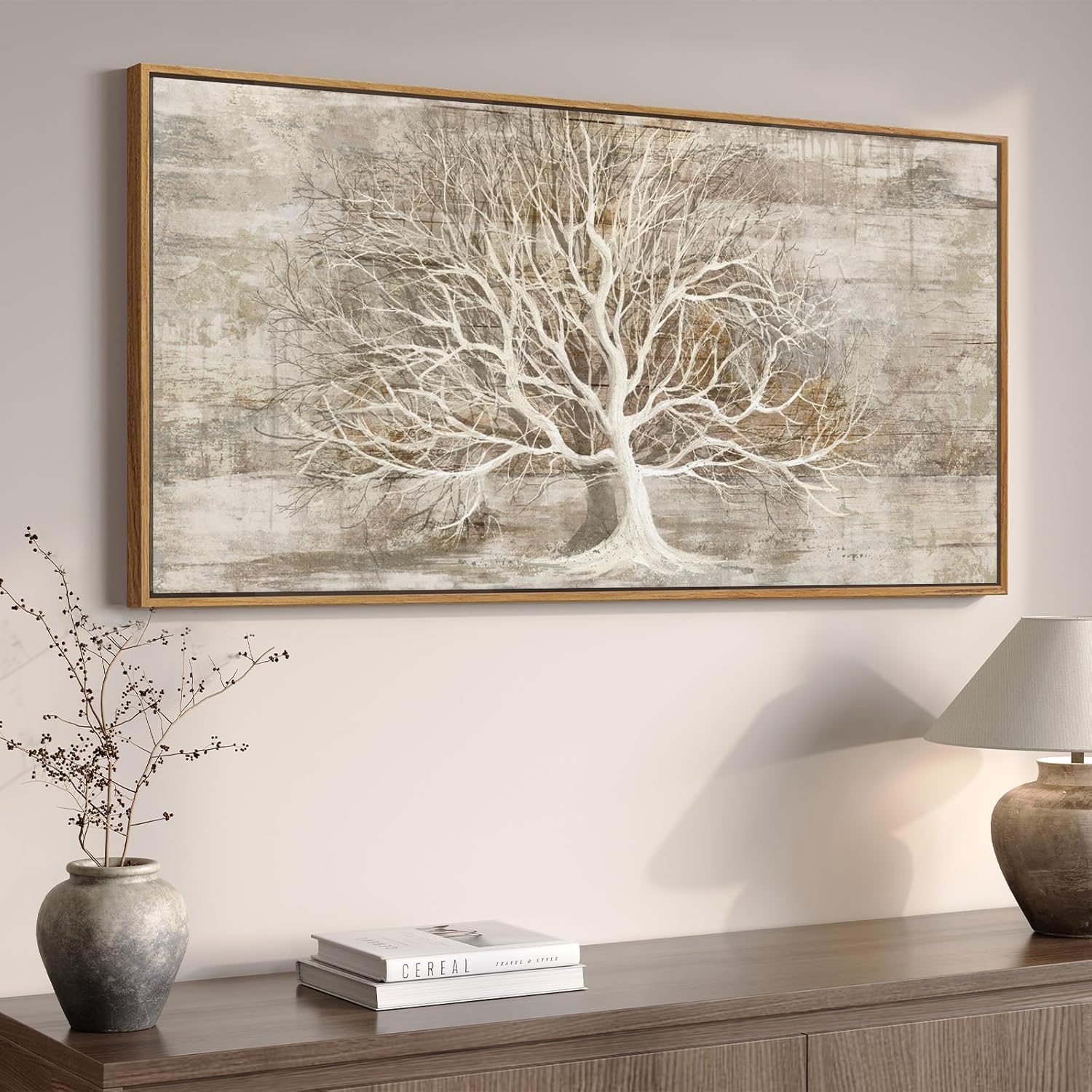 Large Framed Tree of Life Wall Art for Living Room, Rustic Farmhouse Abstract Tree Canvas Painting Print Artwork for Walls, Modern Neutral Forest Picture for Bedroom Office Wall Decor, 60x30 In