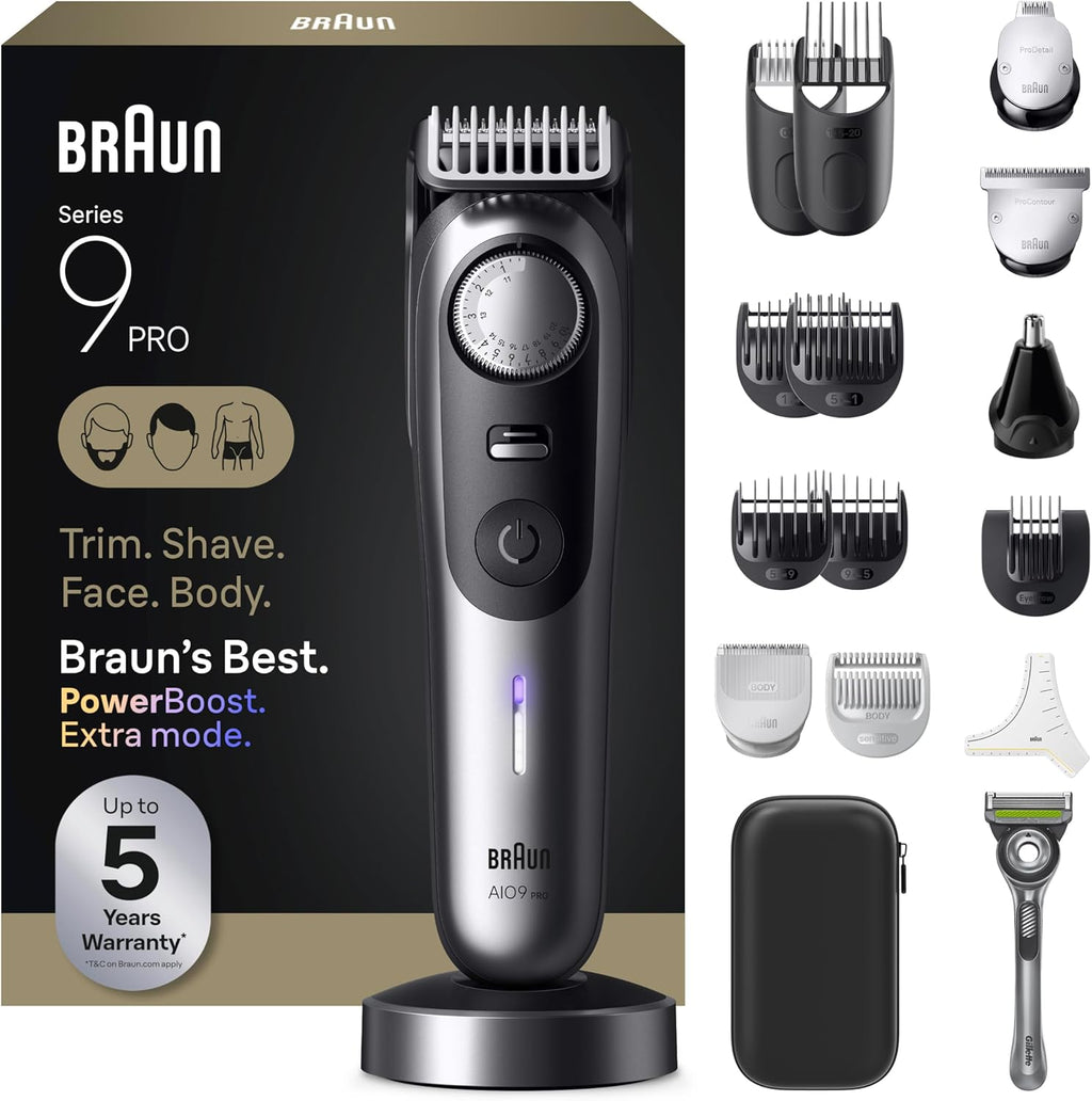 Braun All-in-One Series 9 PRO Men's Electric Beard Trimmer, Hair Clipper, Shaver & Razor for Face, Hair & Body, AIO 9570 with Gillette Labs Razor, Cordless