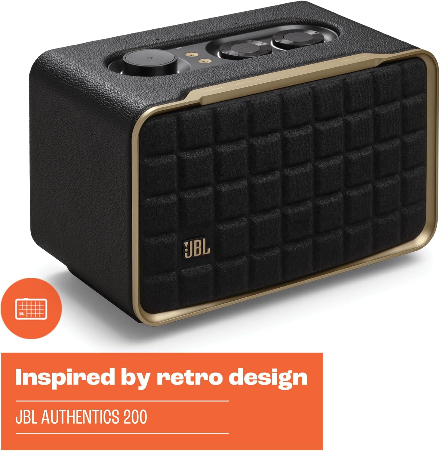 JBL Authentics 200 - Retro Style Smart Home Speaker with Built in Wi-Fi, Bluetooth and Voice Assistants, Alexa and Google Assistant, Multi-Room Playback, Automatic self tuning (Black/Gold)