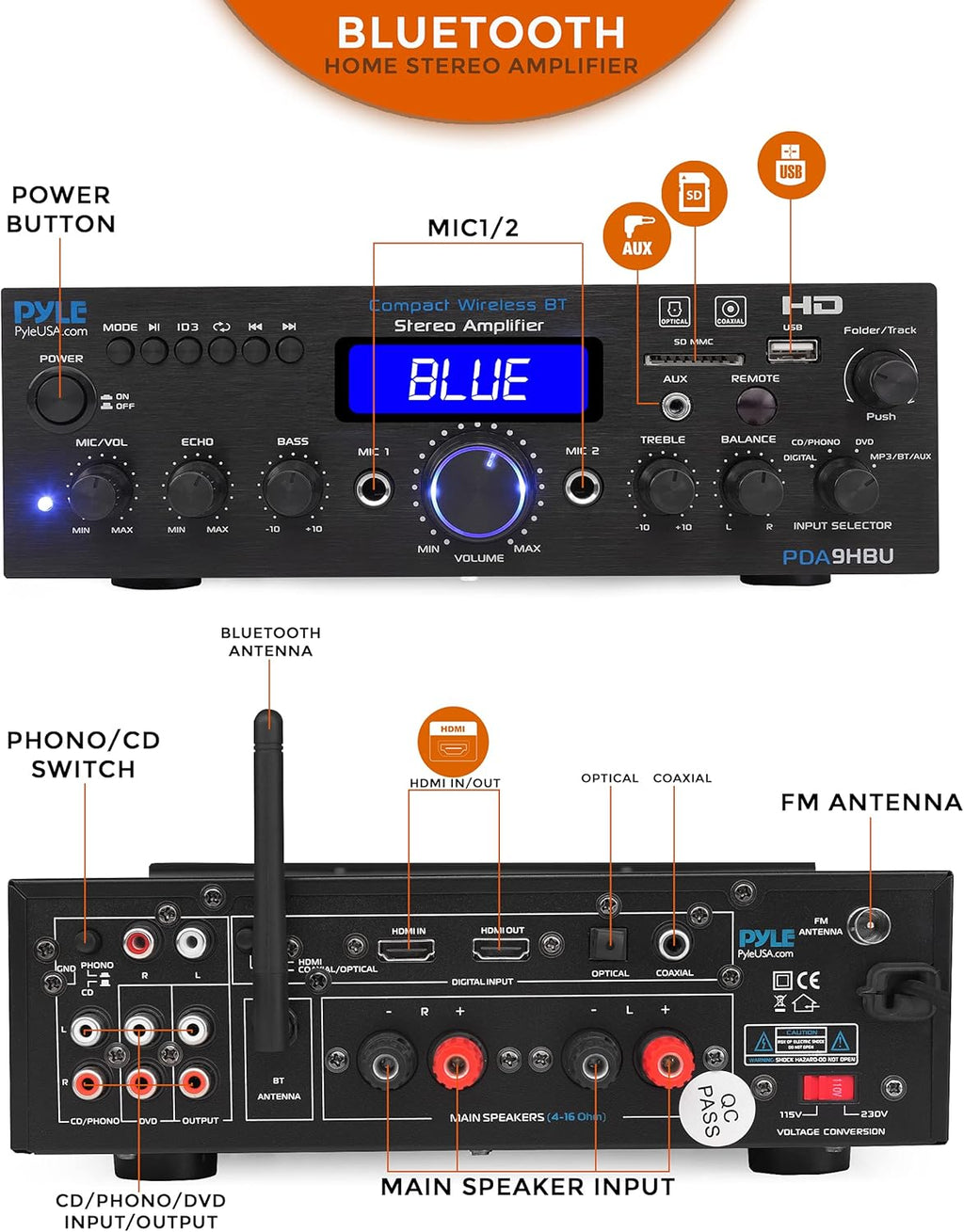 PyleUsa Wireless Bluetooth Home Stereo Amplifier - Multi-Channel 200 Watt Power Amplifier Home Audio Receiver System w/ HDMI, Optical/Phono/Coaxial,FM Radio, USB/SD, AUX, RCA,Mic in Remote - PDA9HBU.6