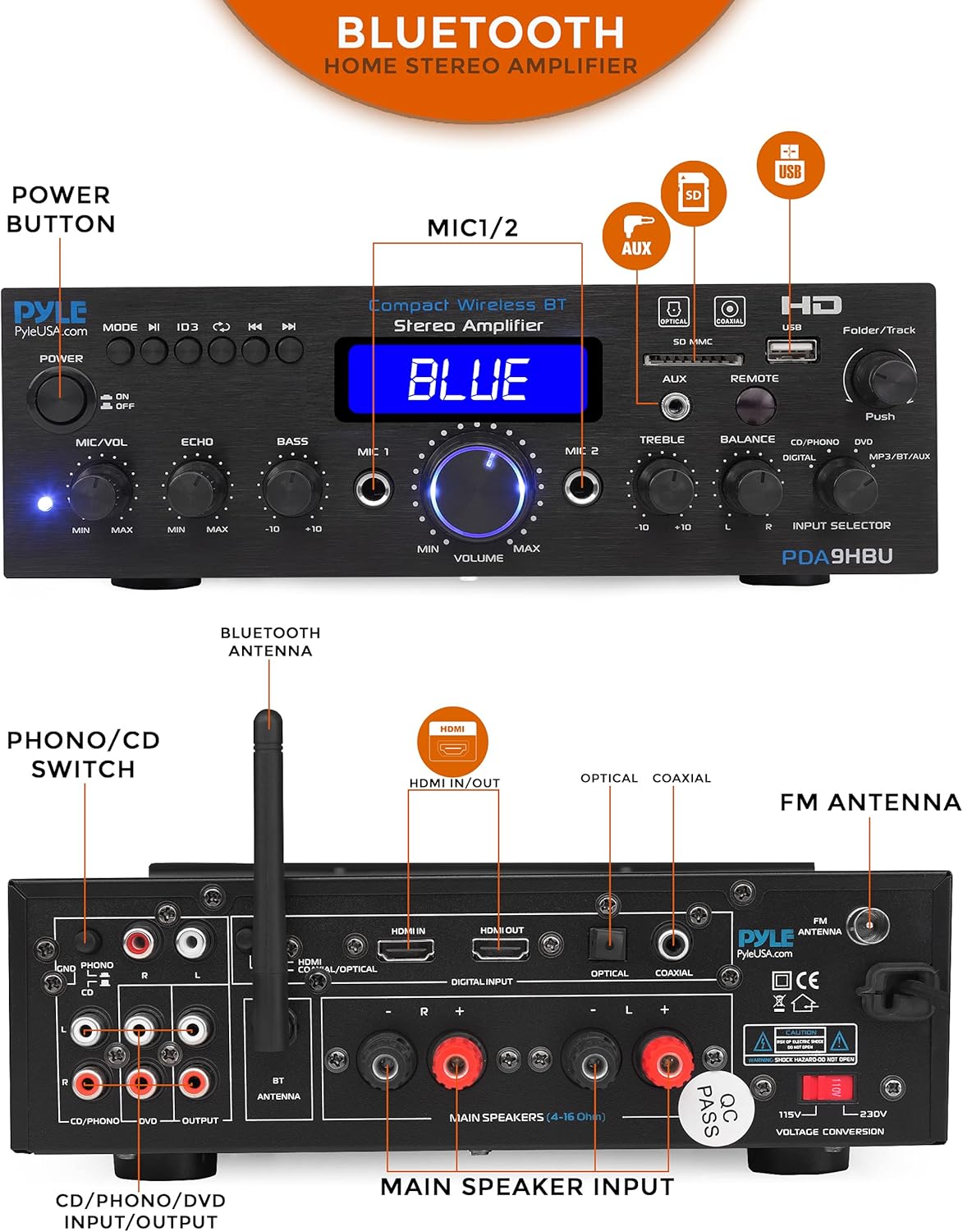 PyleUsa Wireless Bluetooth Home Stereo Amplifier - Multi-Channel 200 Watt Power Amplifier Home Audio Receiver System w/ HDMI, Optical/Phono/Coaxial,FM Radio, USB/SD, AUX, RCA,Mic in Remote - PDA9HBU.6