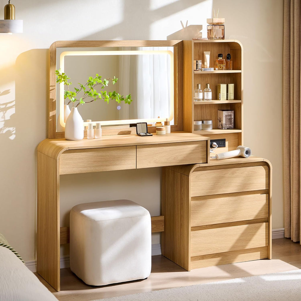 Aitjunz Vanity Desk with Mirror and Lights, 50” Modren Makeup Vanity with 35.43" Mirror and 5 Drawers, Makeup Table with Charging Station for Women and Girls, Bedroom (Natural)