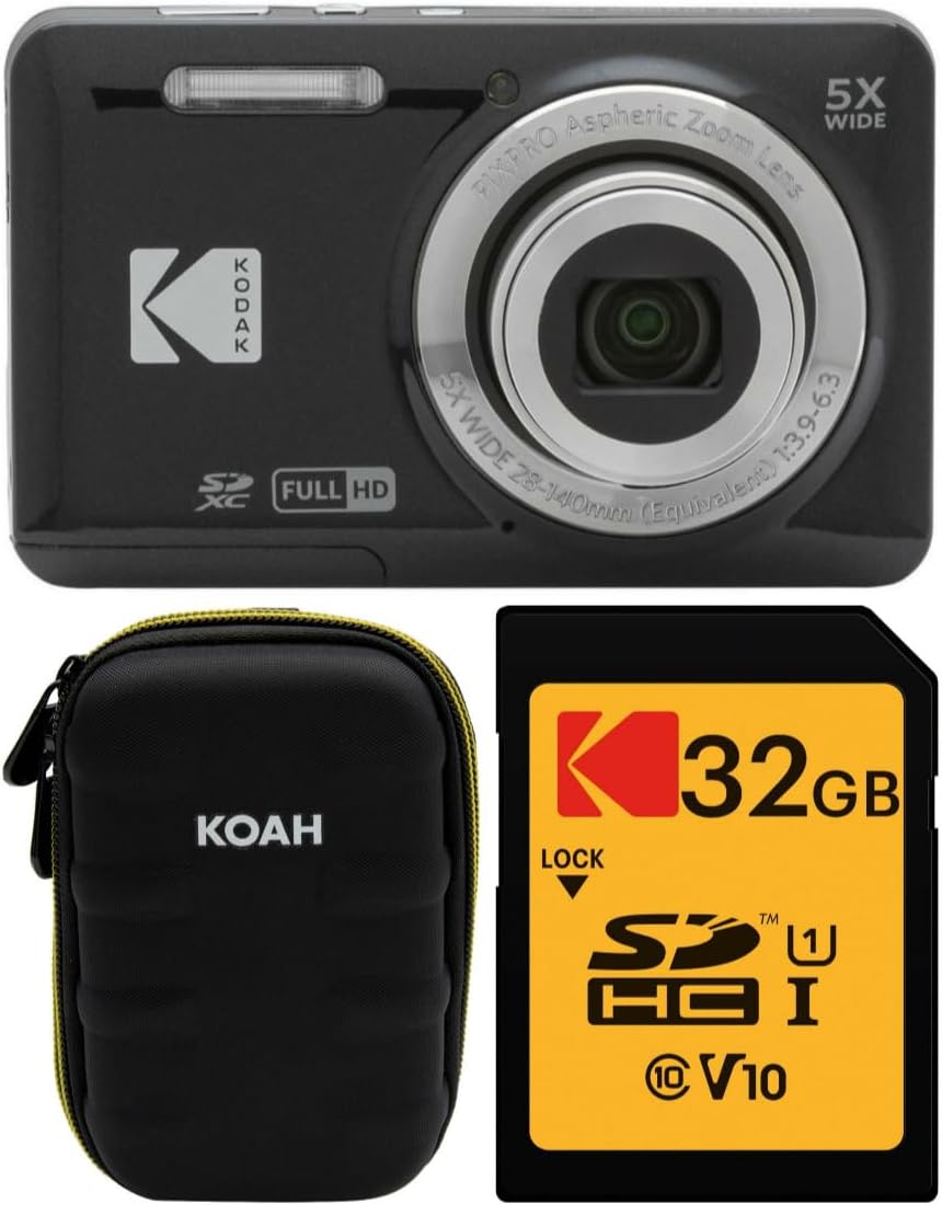 Kodak PIXPRO Friendly Zoom FZ55 Digital Camera (Black) Bundle with Case for Compact Cameras, and Kodak 32GB Class 10 UHS-I U1 SDHC Memory Card (3 Items)