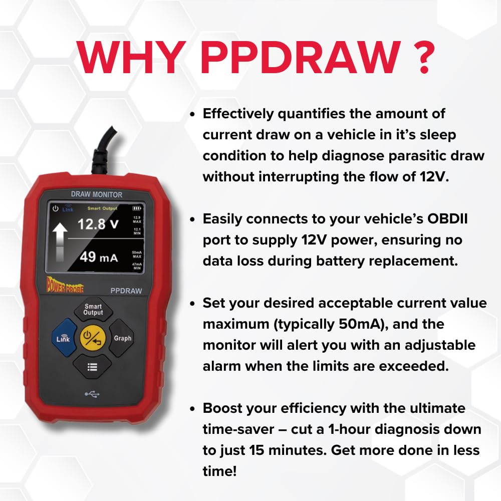Power Probe PPDRAW Automotive Battery Voltage and Parasitic Draw Monitor with OBDII Connection
