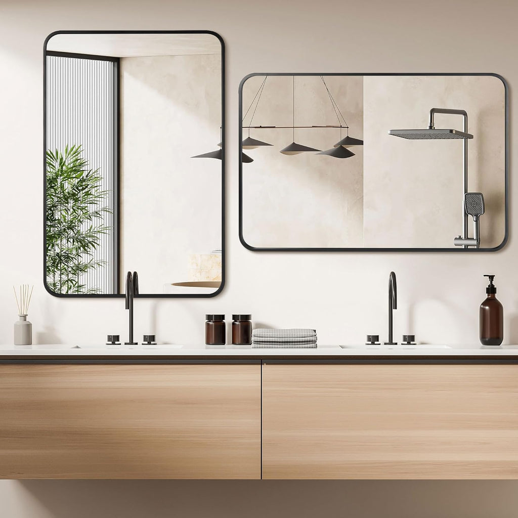 2 Pcs 24 x 36 Inch Black Metal Framed Bathroom Mirror for Wall, Rounded Rectangle Mirror Matte Black Bathroom Vanity Mirror,Anti-Rust, Hangs Horizontally or Vertically (2, Black, 24"×36")